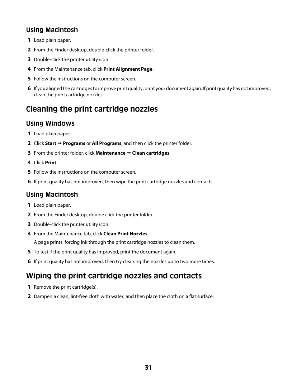 Cleaning the print cartridge nozzles, Wiping the print cartridge nozzles and contacts | Lexmark Z2300 User Manual | Page 31 / 54
