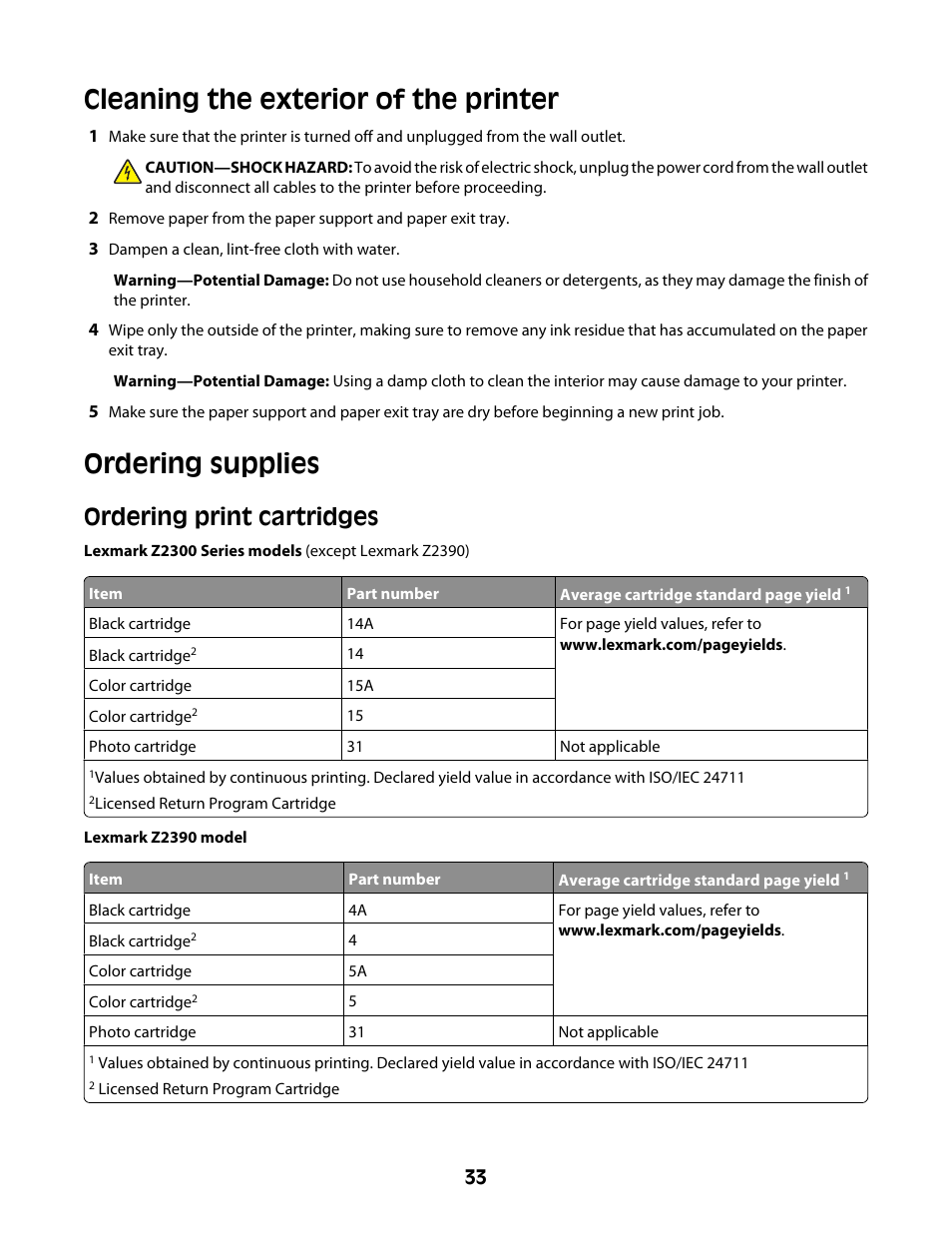 Cleaning the exterior of the printer, Ordering supplies, Ordering print cartridges | Lexmark Z2300 User Manual | Page 33 / 54