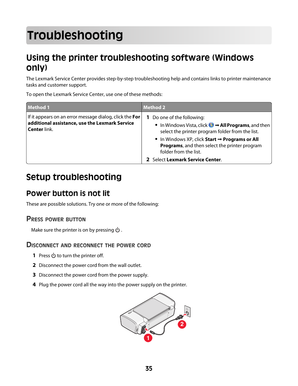 Troubleshooting, Setup troubleshooting, Power button is not lit | Lexmark Z2300 User Manual | Page 35 / 54