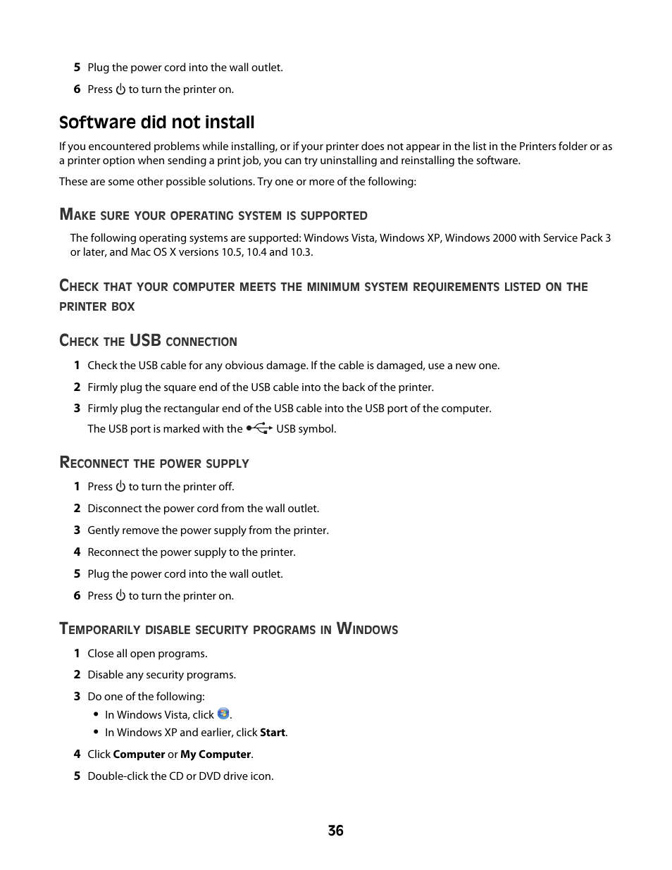 Software did not install | Lexmark Z2300 User Manual | Page 36 / 54