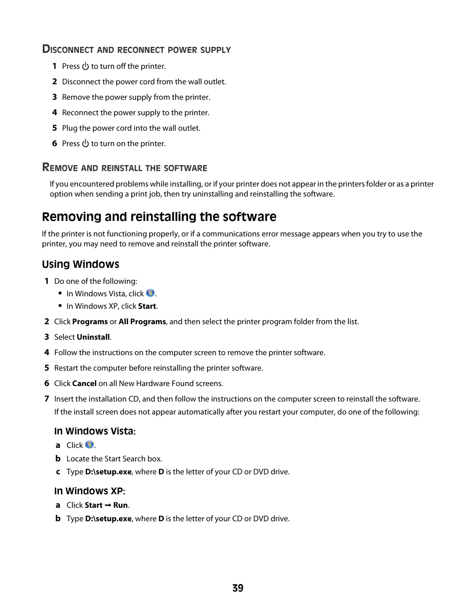 Removing and reinstalling the software | Lexmark Z2300 User Manual | Page 39 / 54