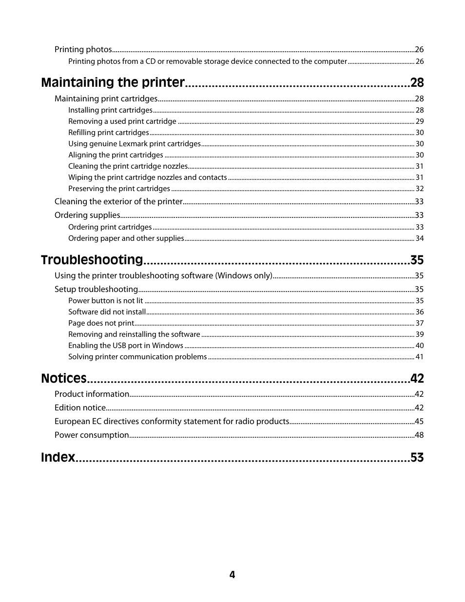 Maintaining the printer, Troubleshooting, Notices | Index | Lexmark Z2300 User Manual | Page 4 / 54