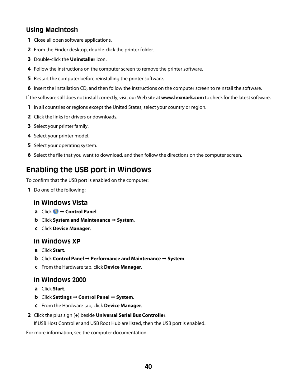 Enabling the usb port in windows | Lexmark Z2300 User Manual | Page 40 / 54