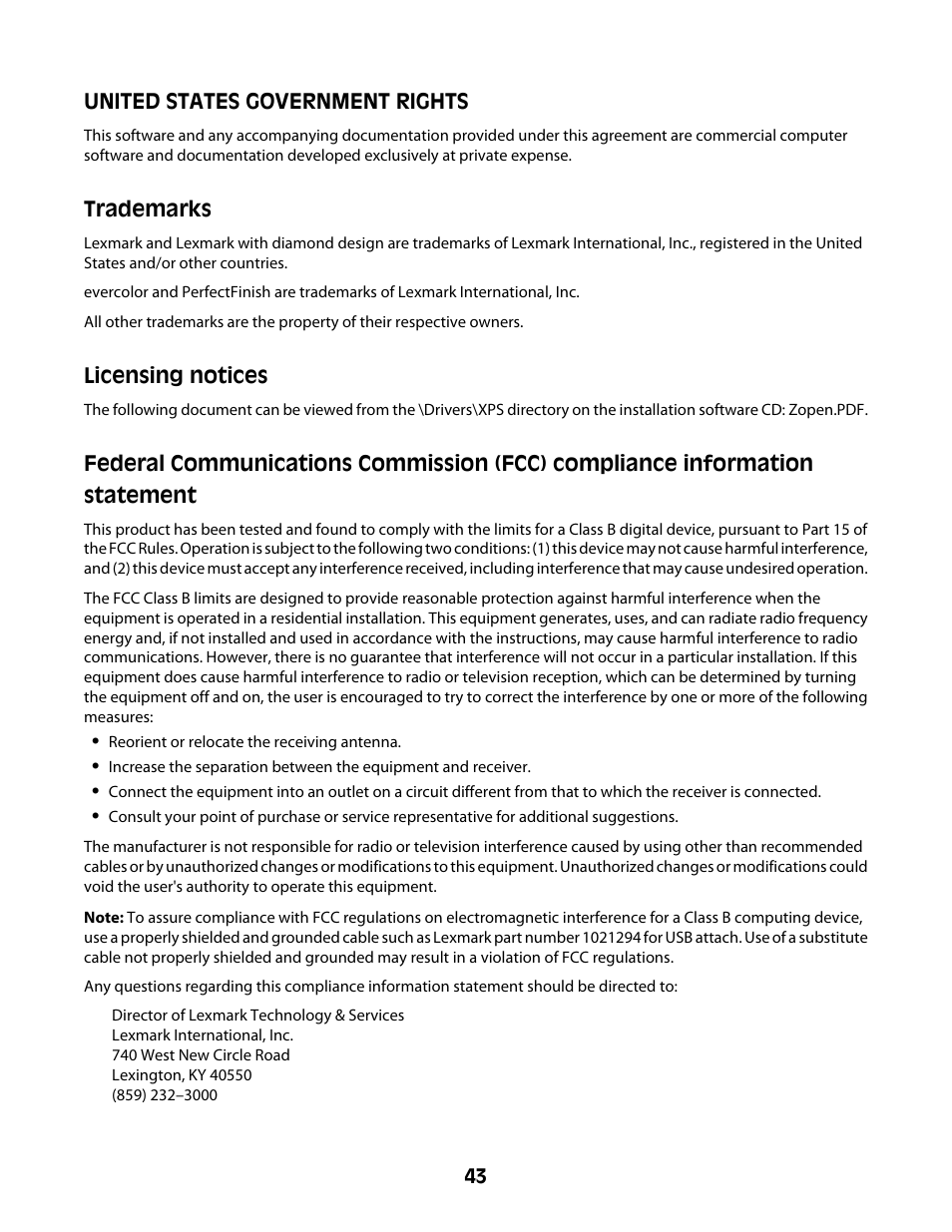 United states government rights, Trademarks, Licensing notices | Lexmark Z2300 User Manual | Page 43 / 54