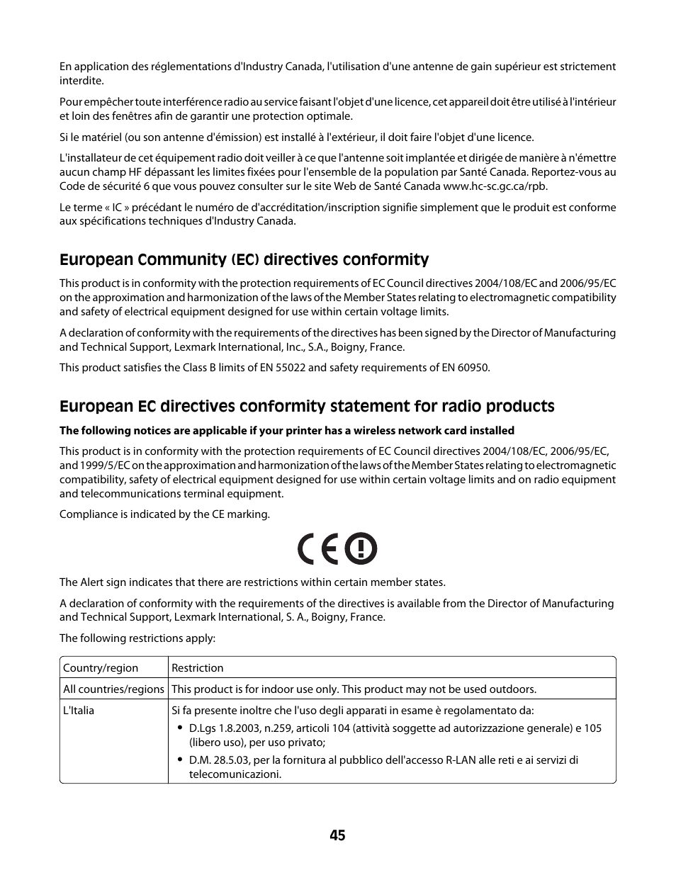 European community (ec) directives conformity | Lexmark Z2300 User Manual | Page 45 / 54