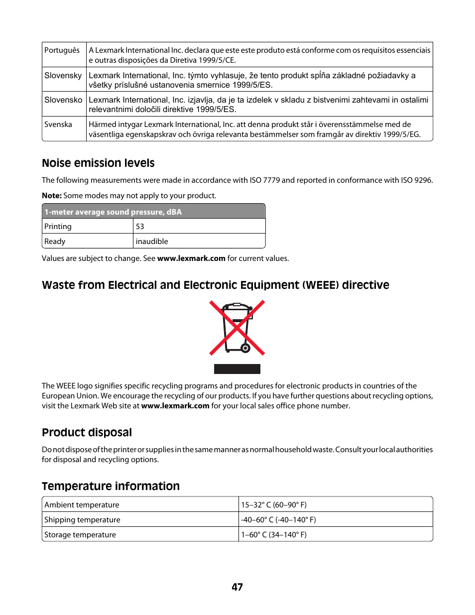 Noise emission levels, Product disposal, Temperature information | Lexmark Z2300 User Manual | Page 47 / 54