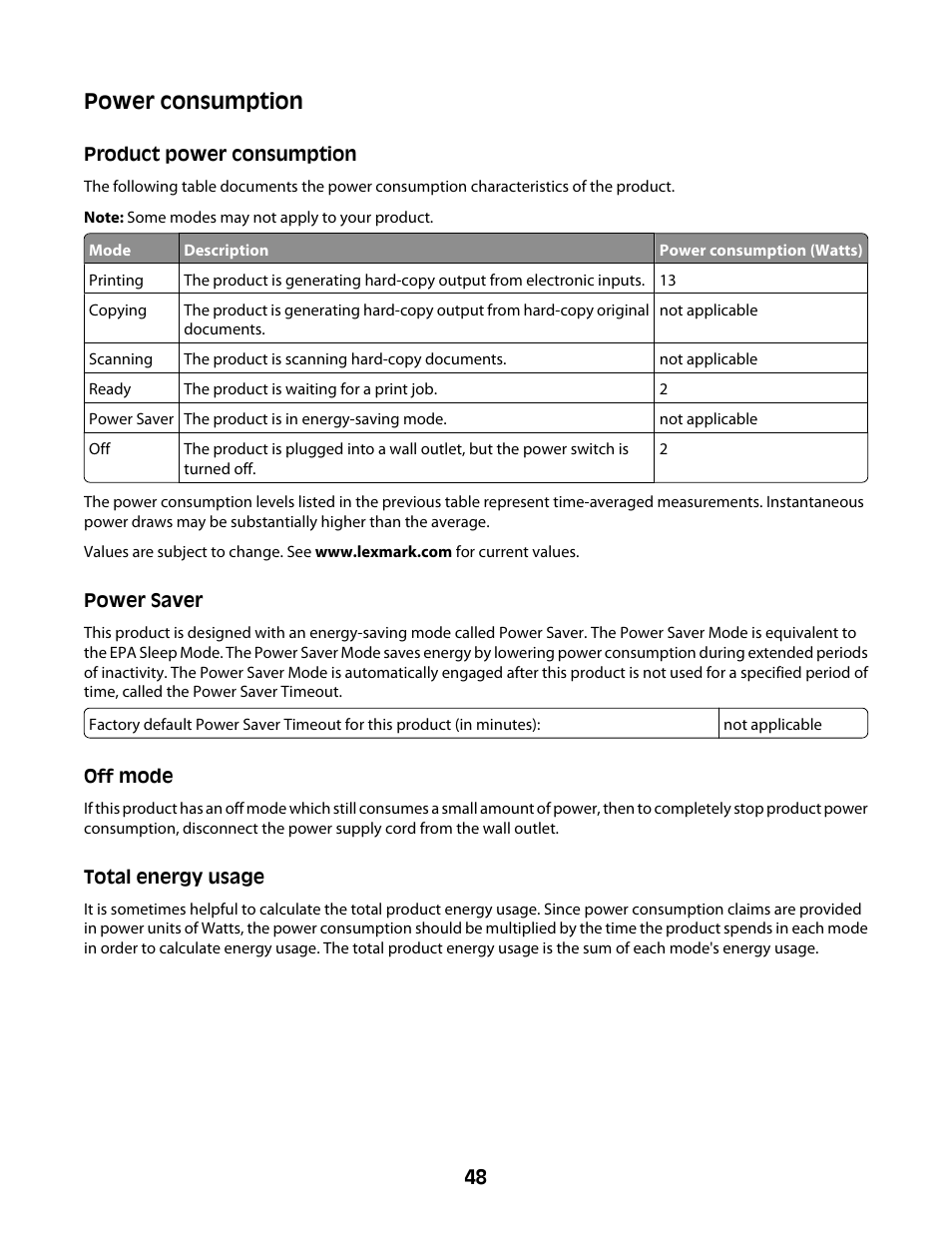 Power consumption, Product power consumption, Power saver | Off mode, Total energy usage | Lexmark Z2300 User Manual | Page 48 / 54