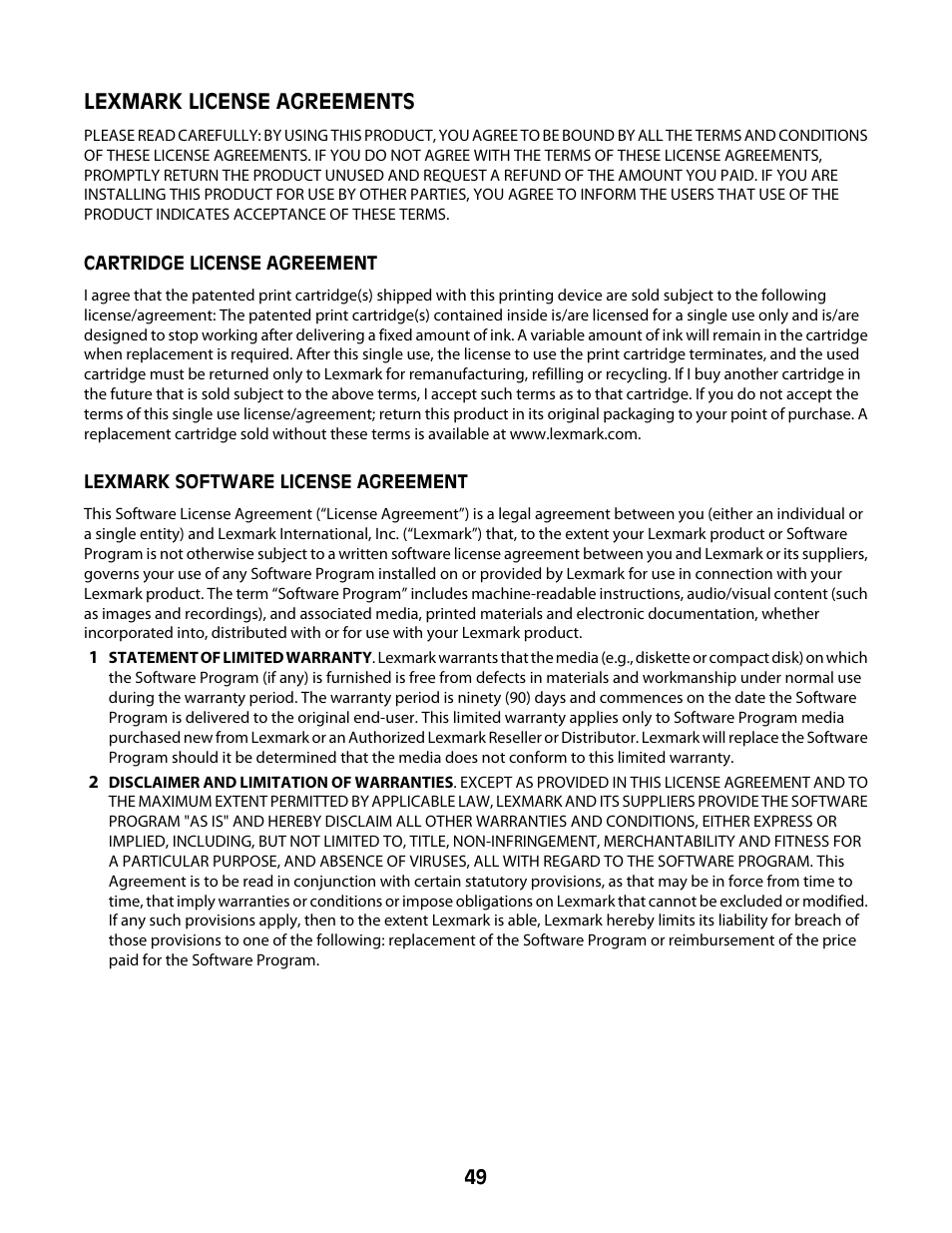 Lexmark license agreements | Lexmark Z2300 User Manual | Page 49 / 54