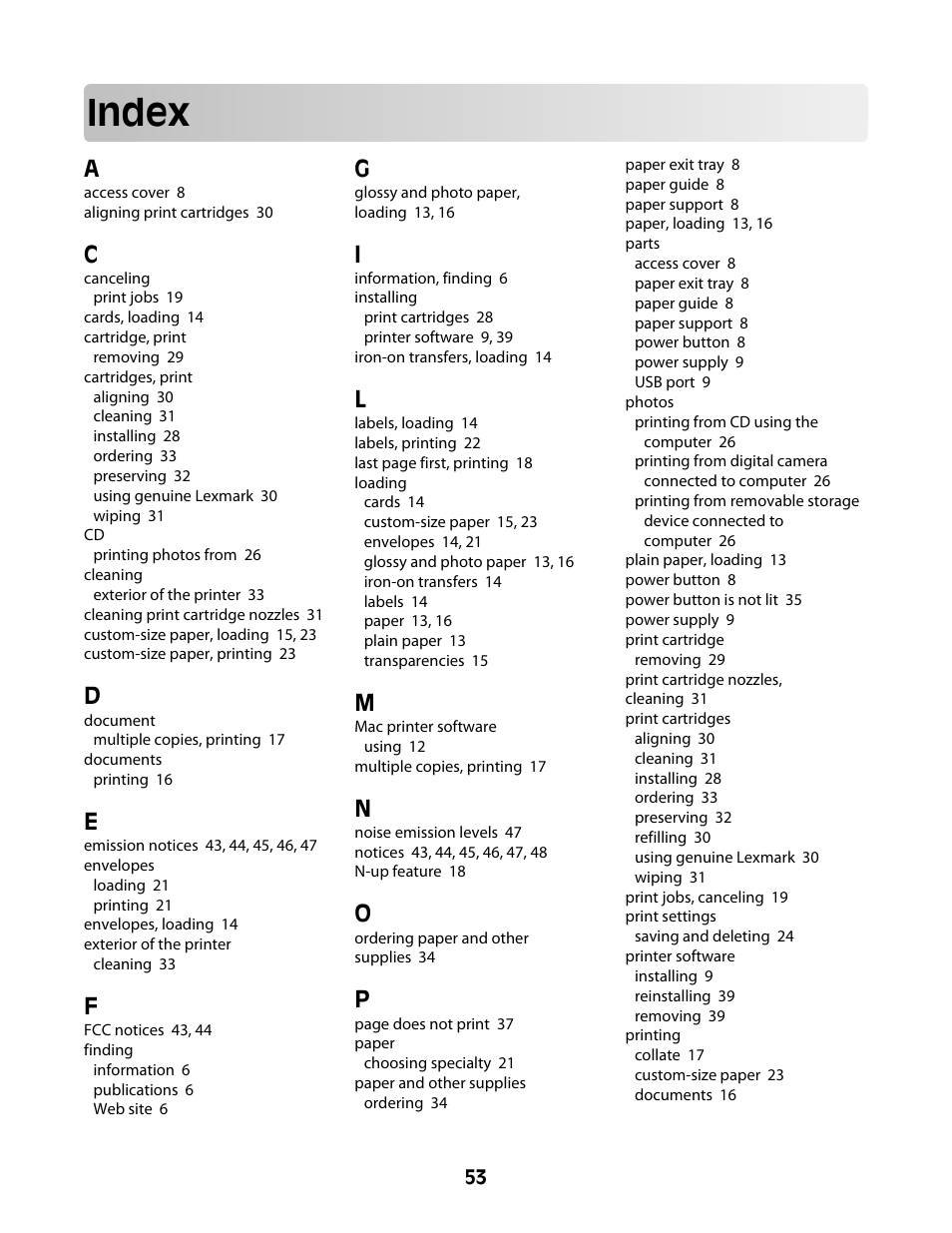 Index | Lexmark Z2300 User Manual | Page 53 / 54