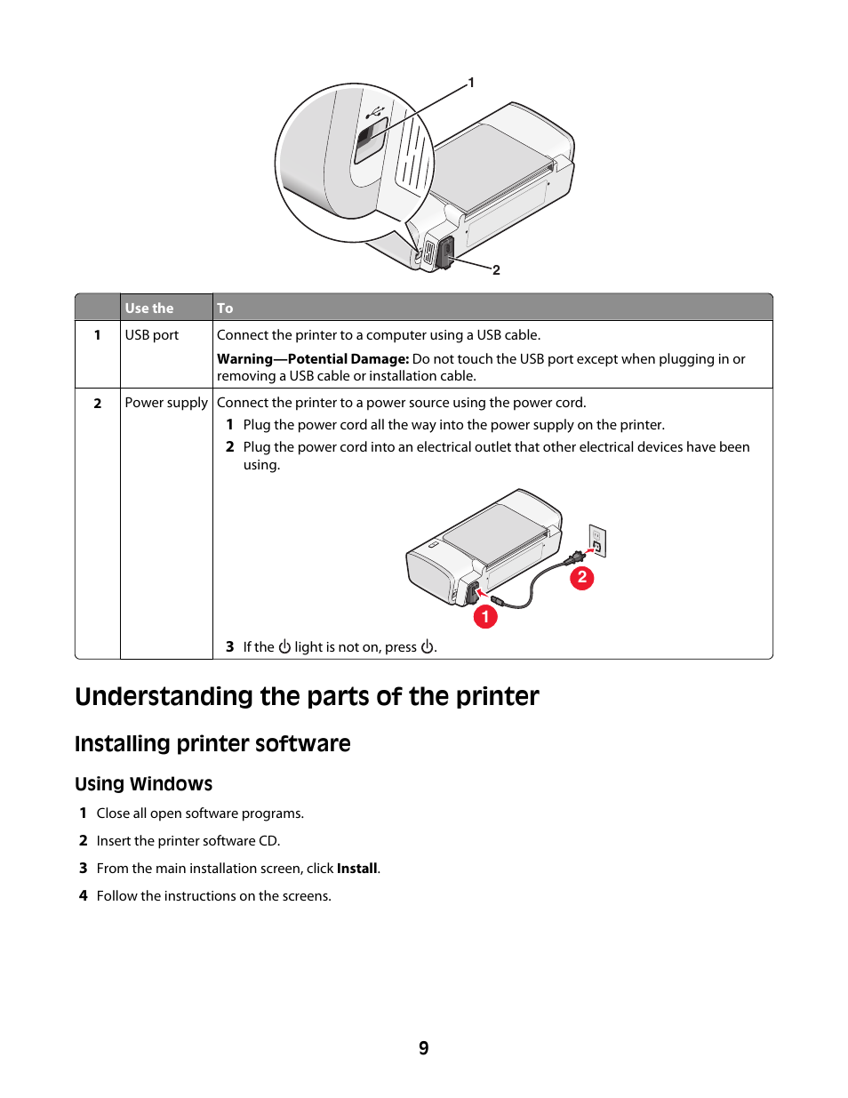 Understanding the parts of the printer, Installing printer software | Lexmark Z2300 User Manual | Page 9 / 54