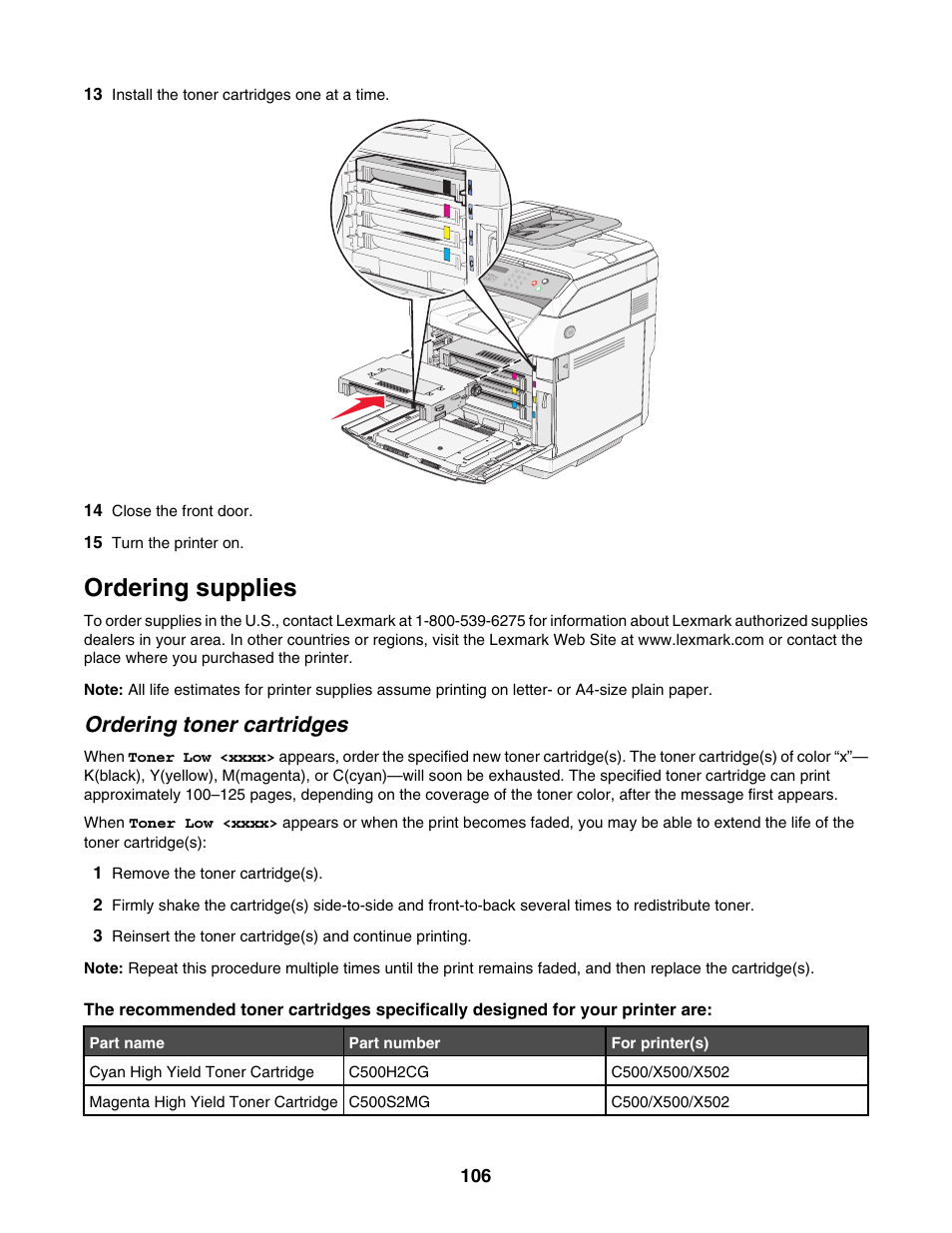 Ordering supplies, Ordering toner cartridges | Lexmark X500N User Manual | Page 106 / 150