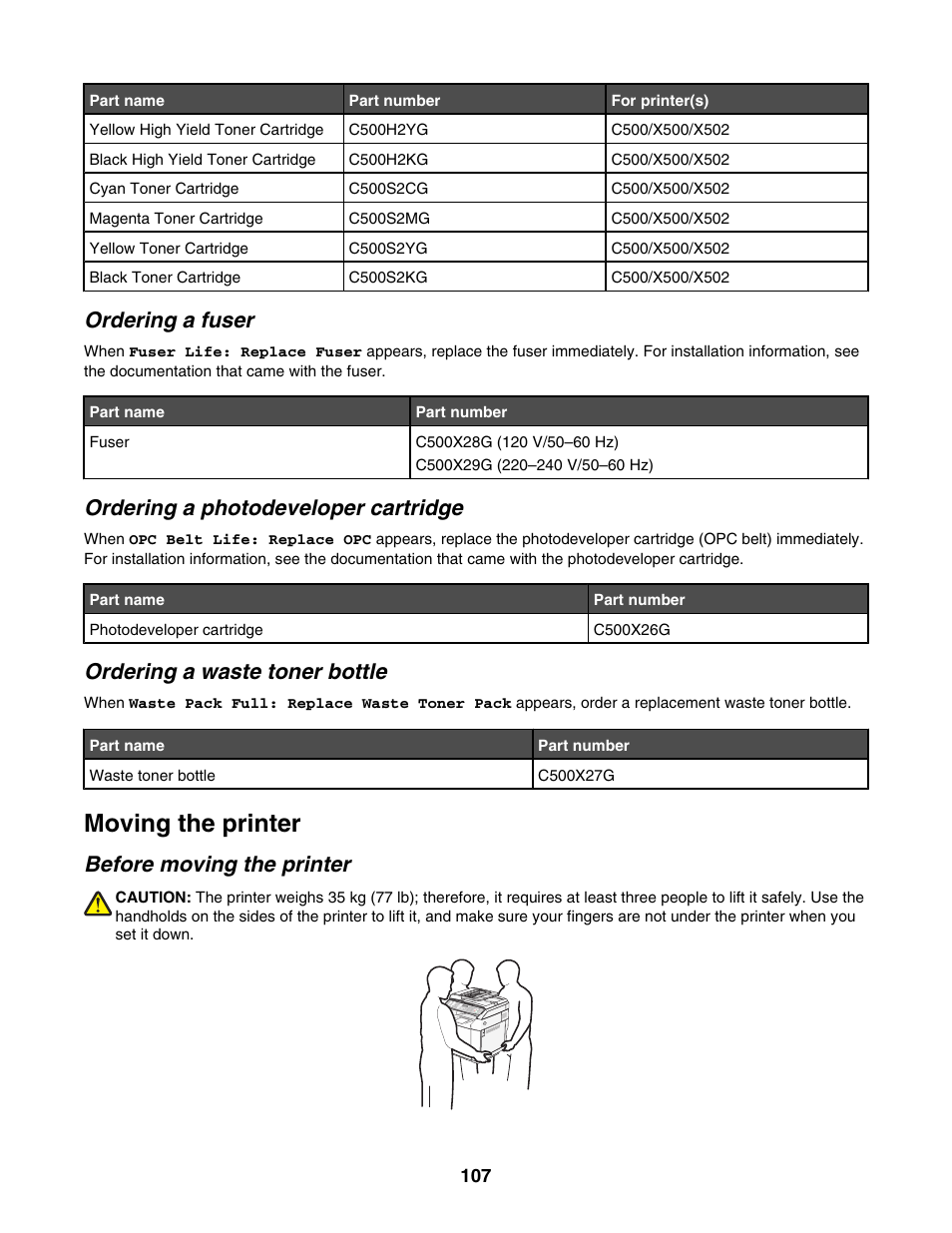 Ordering a fuser, Ordering a photodeveloper cartridge, Ordering a waste toner bottle | Moving the printer, Before moving the printer | Lexmark X500N User Manual | Page 107 / 150