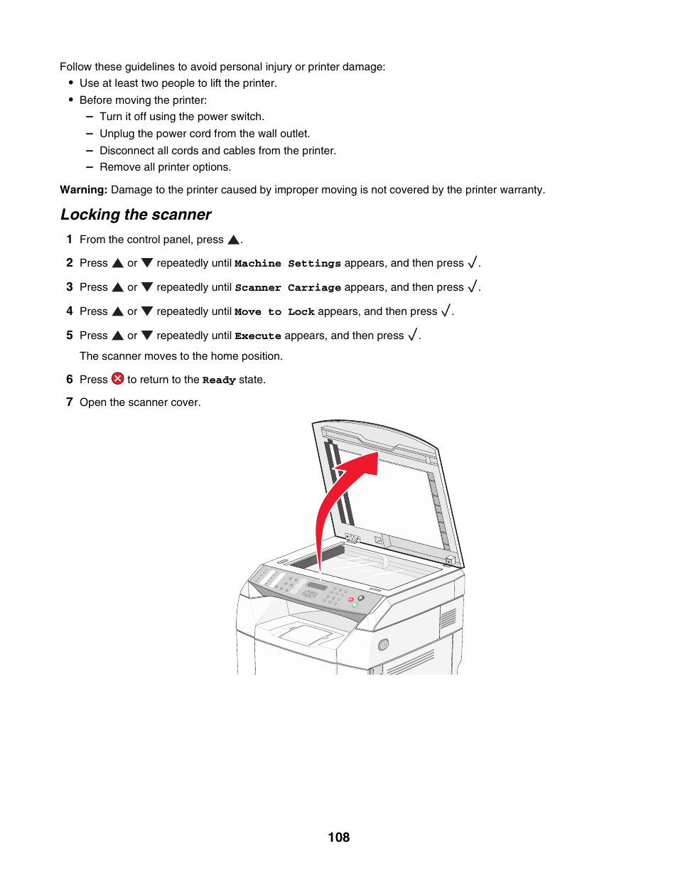 Locking the scanner | Lexmark X500N User Manual | Page 108 / 150