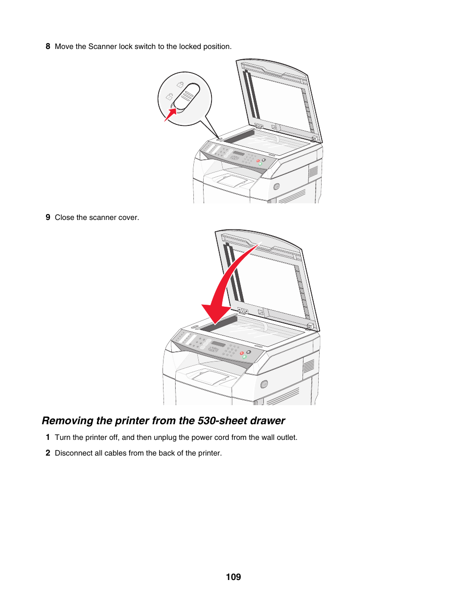 Removing the printer from the 530-sheet drawer | Lexmark X500N User Manual | Page 109 / 150