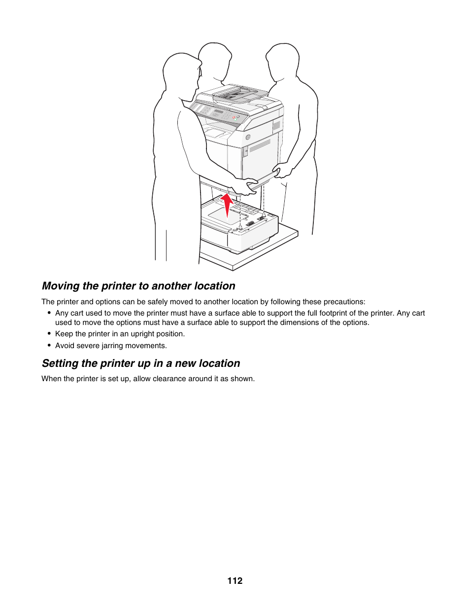 Moving the printer to another location, Setting the printer up in a new location | Lexmark X500N User Manual | Page 112 / 150