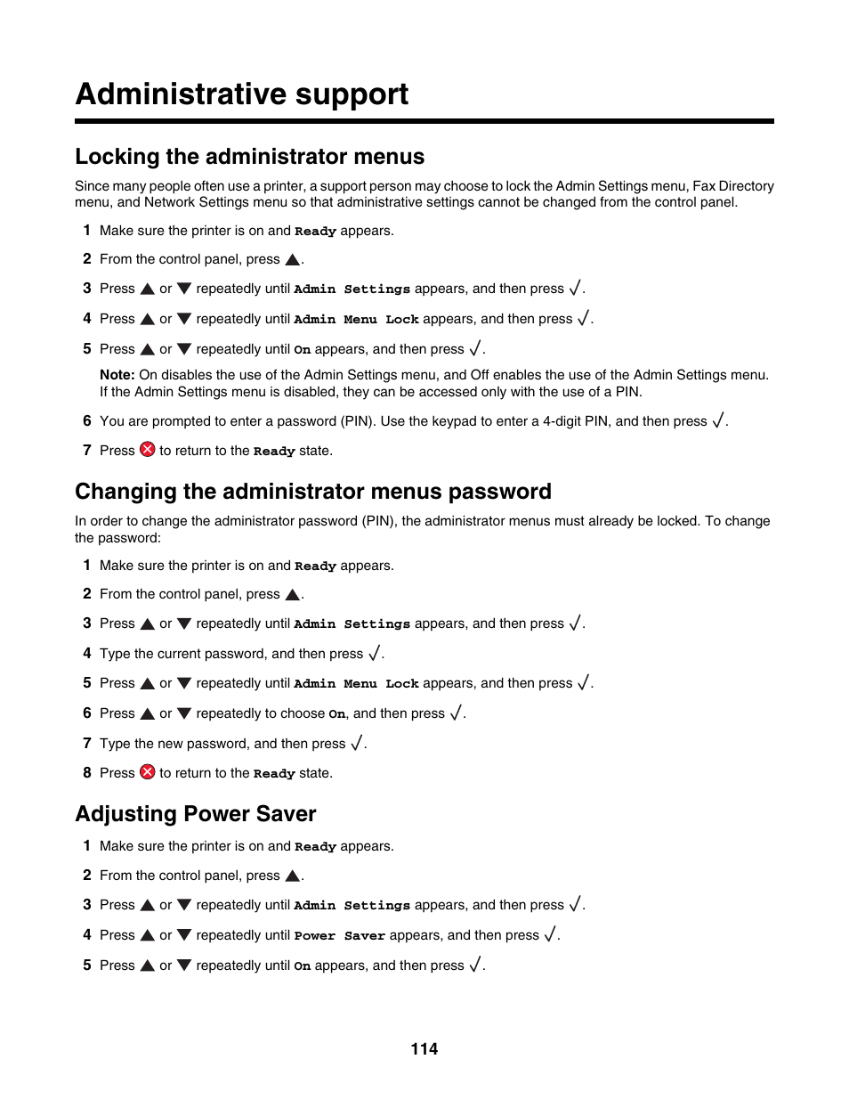 Administrative support, Locking the administrator menus, Changing the administrator menus password | Adjusting power saver | Lexmark X500N User Manual | Page 114 / 150