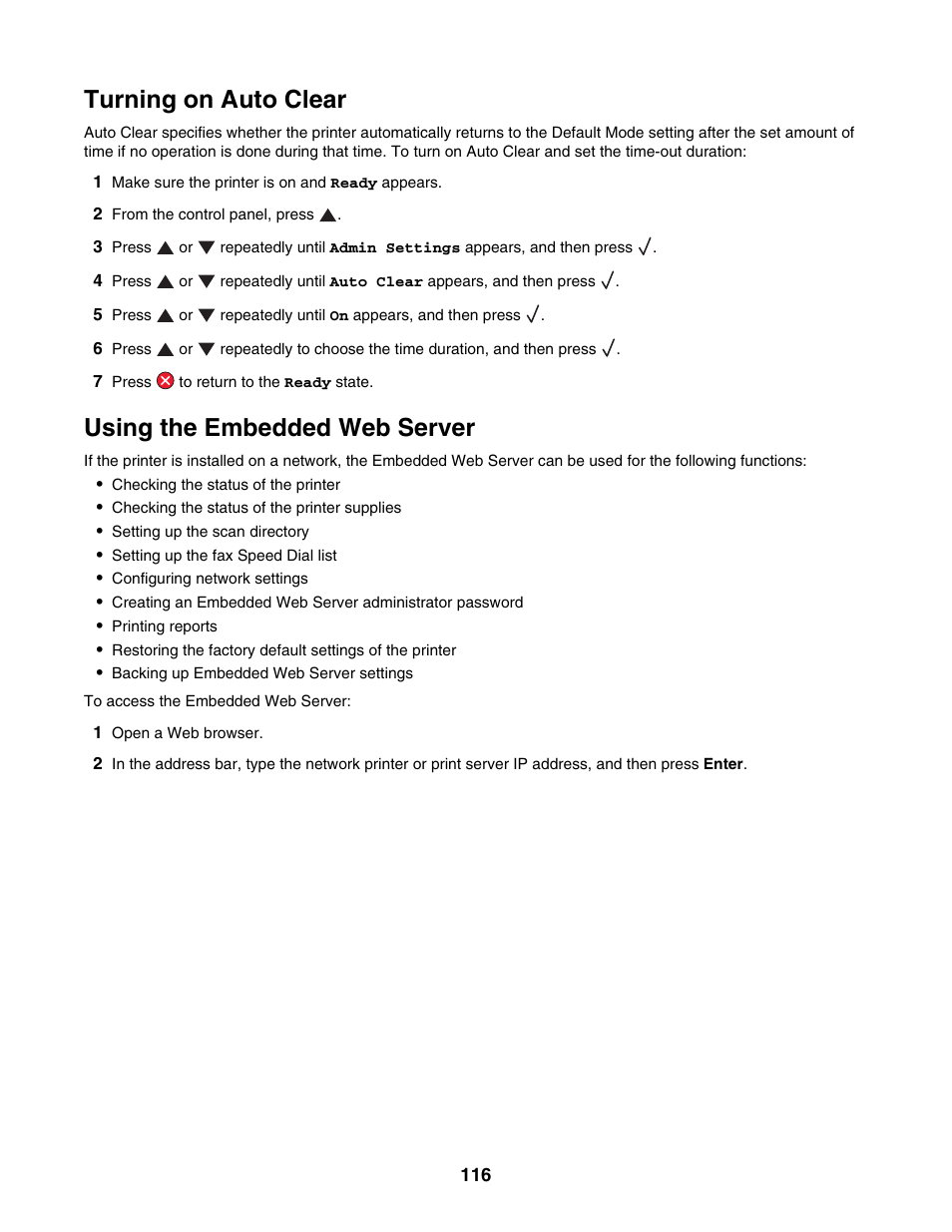 Turning on auto clear, Using the embedded web server | Lexmark X500N User Manual | Page 116 / 150