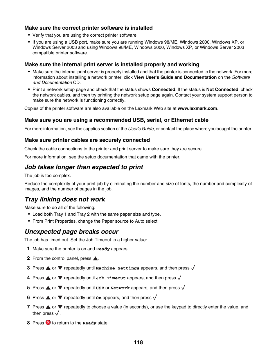 Job takes longer than expected to print, Tray linking does not work, Unexpected page breaks occur | Lexmark X500N User Manual | Page 118 / 150