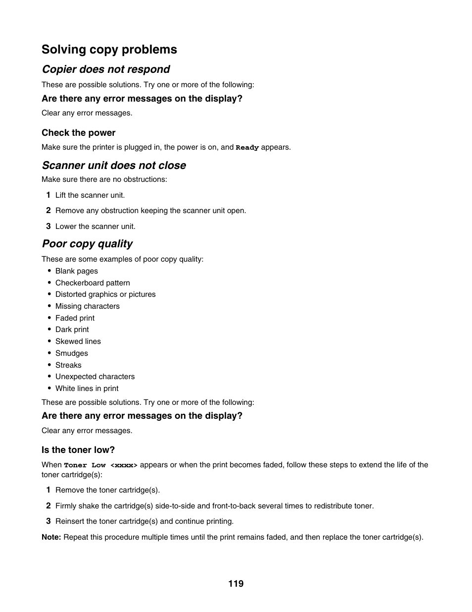 Solving copy problems, Copier does not respond, Scanner unit does not close | Poor copy quality | Lexmark X500N User Manual | Page 119 / 150