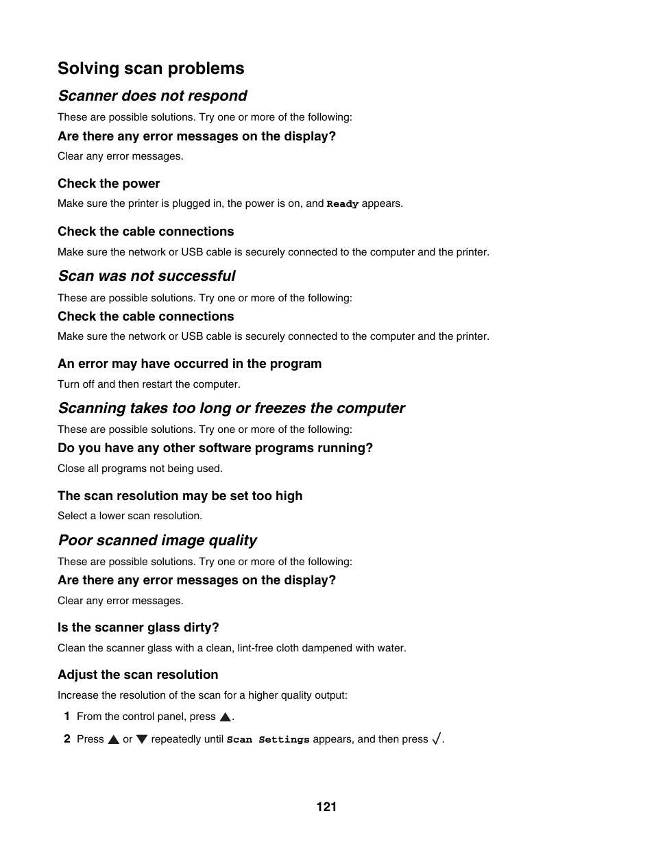 Solving scan problems, Scanner does not respond, Scan was not successful | Scanning takes too long or freezes the computer, Poor scanned image quality | Lexmark X500N User Manual | Page 121 / 150