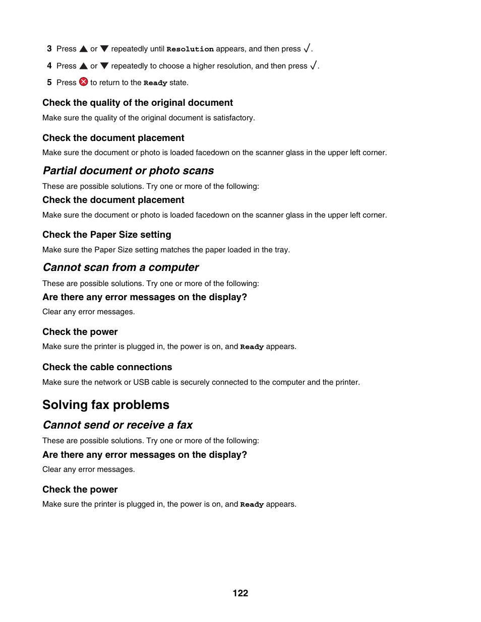 Partial document or photo scans, Cannot scan from a computer, Solving fax problems | Cannot send or receive a fax | Lexmark X500N User Manual | Page 122 / 150