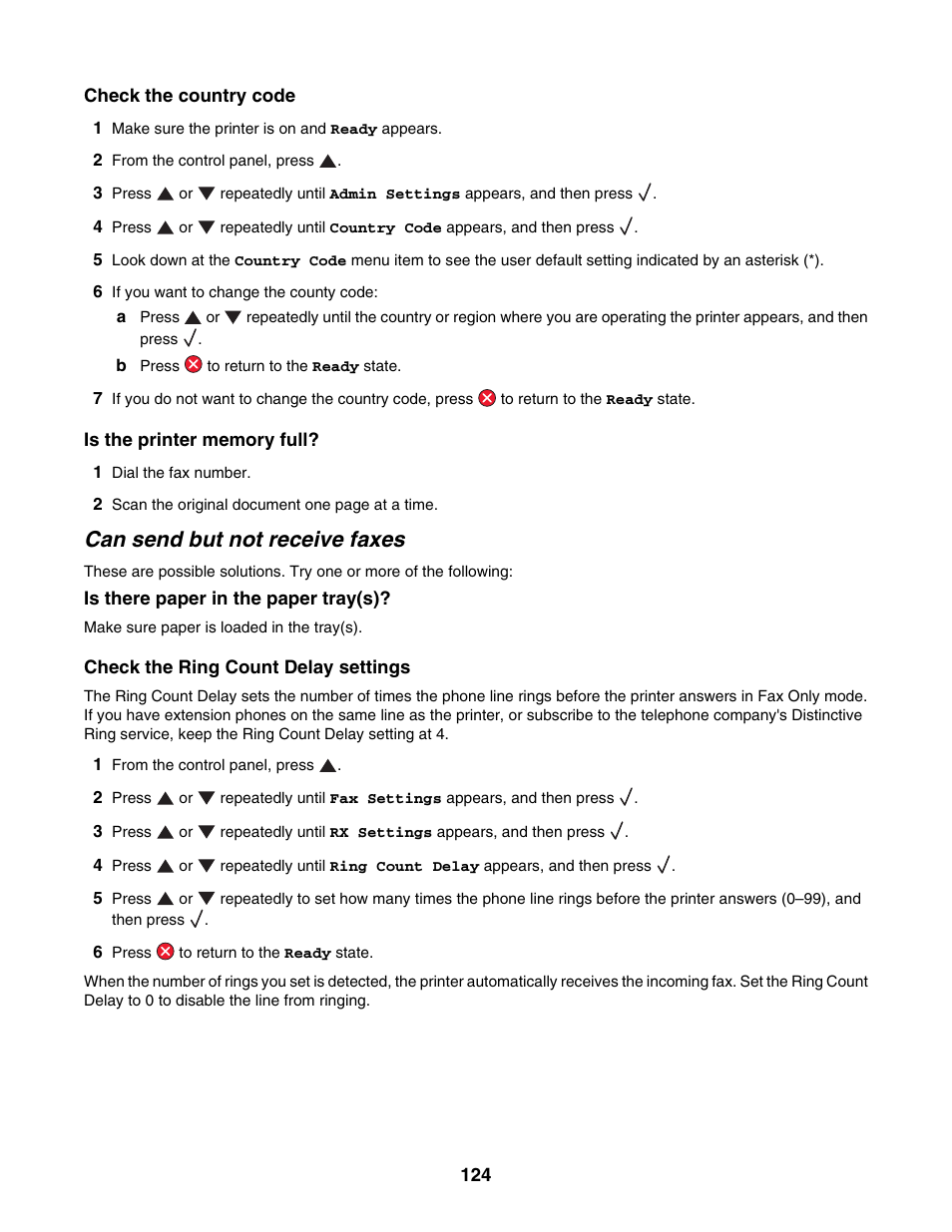 Can send but not receive faxes | Lexmark X500N User Manual | Page 124 / 150
