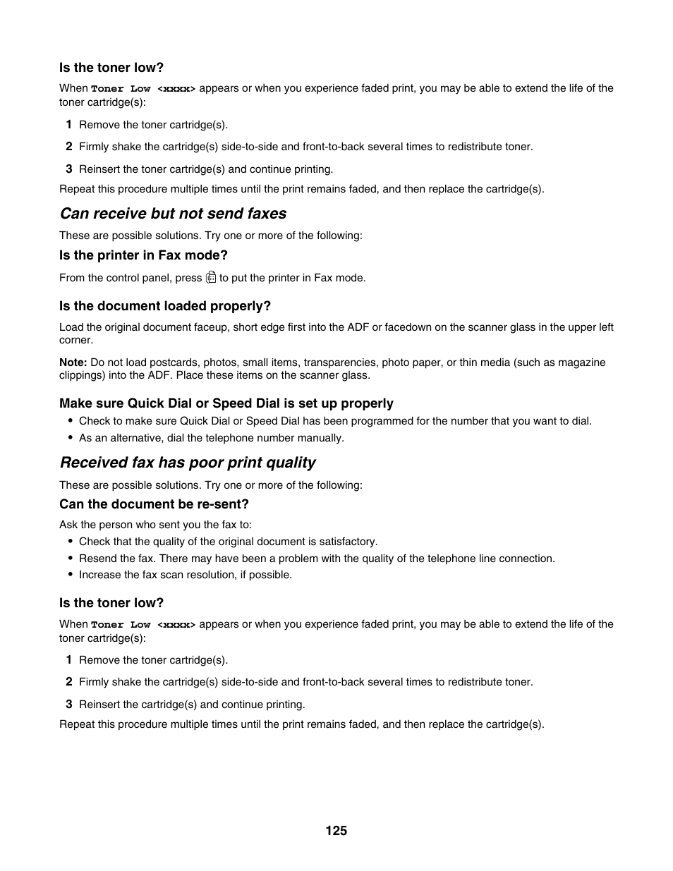 Can receive but not send faxes, Received fax has poor print quality | Lexmark X500N User Manual | Page 125 / 150
