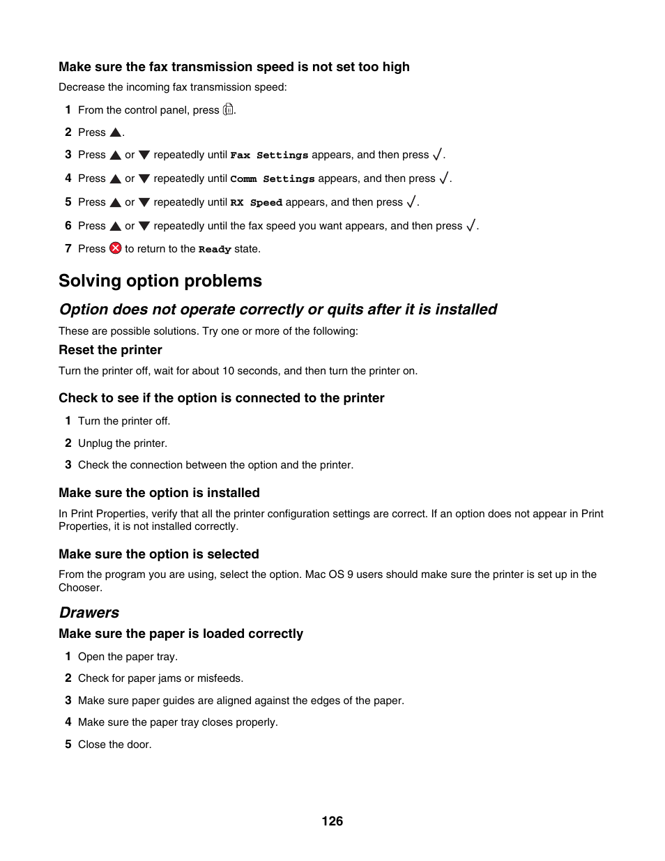 Solving option problems, Drawers | Lexmark X500N User Manual | Page 126 / 150