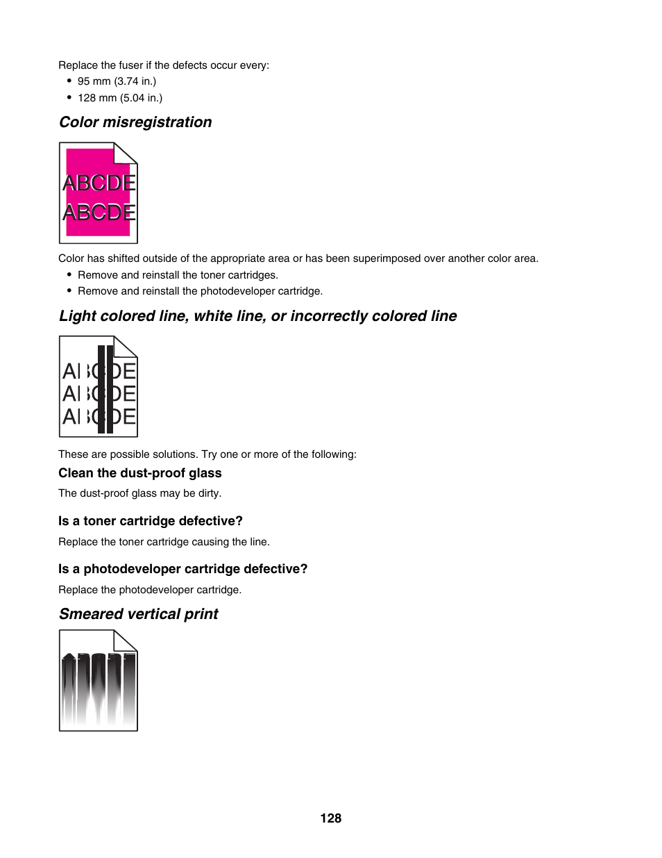 Color misregistration, Smeared vertical print, Abcde | Lexmark X500N User Manual | Page 128 / 150