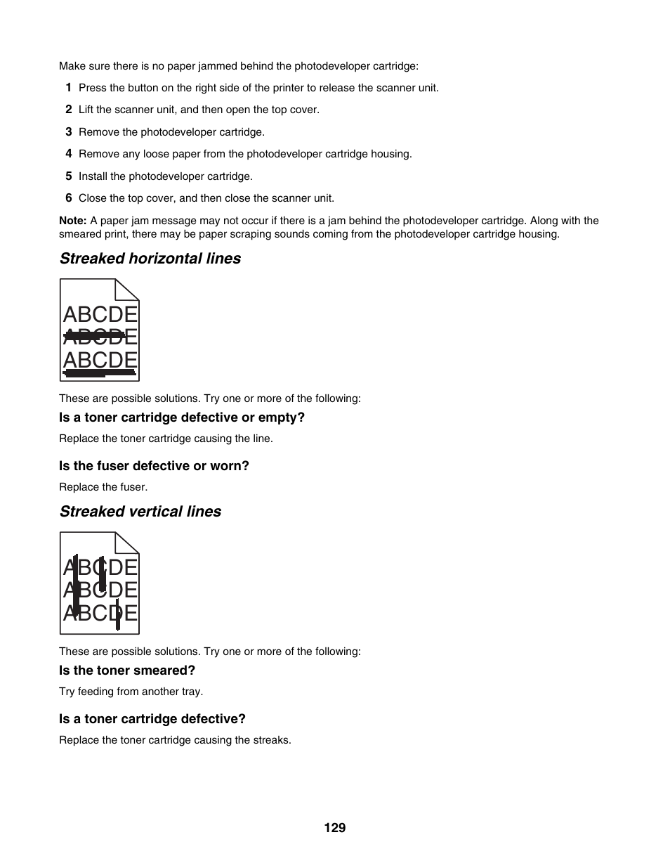 Streaked horizontal lines, Streaked vertical lines, Abcde abcde abcde | Lexmark X500N User Manual | Page 129 / 150