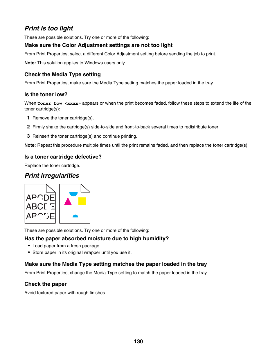 Print is too light, Print irregularities | Lexmark X500N User Manual | Page 130 / 150