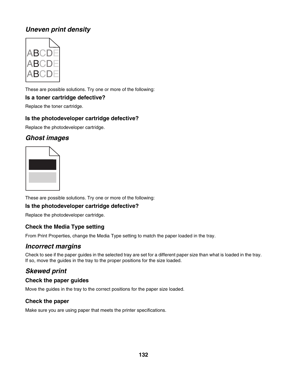 Uneven print density, Ghost images, Incorrect margins | Skewed print | Lexmark X500N User Manual | Page 132 / 150