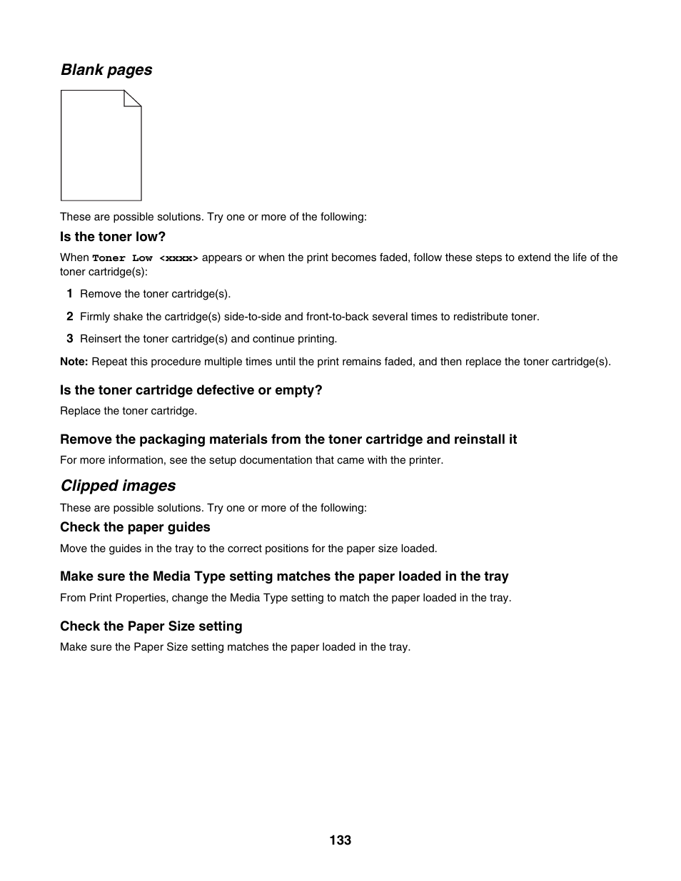 Clipped images, Blank pages | Lexmark X500N User Manual | Page 133 / 150