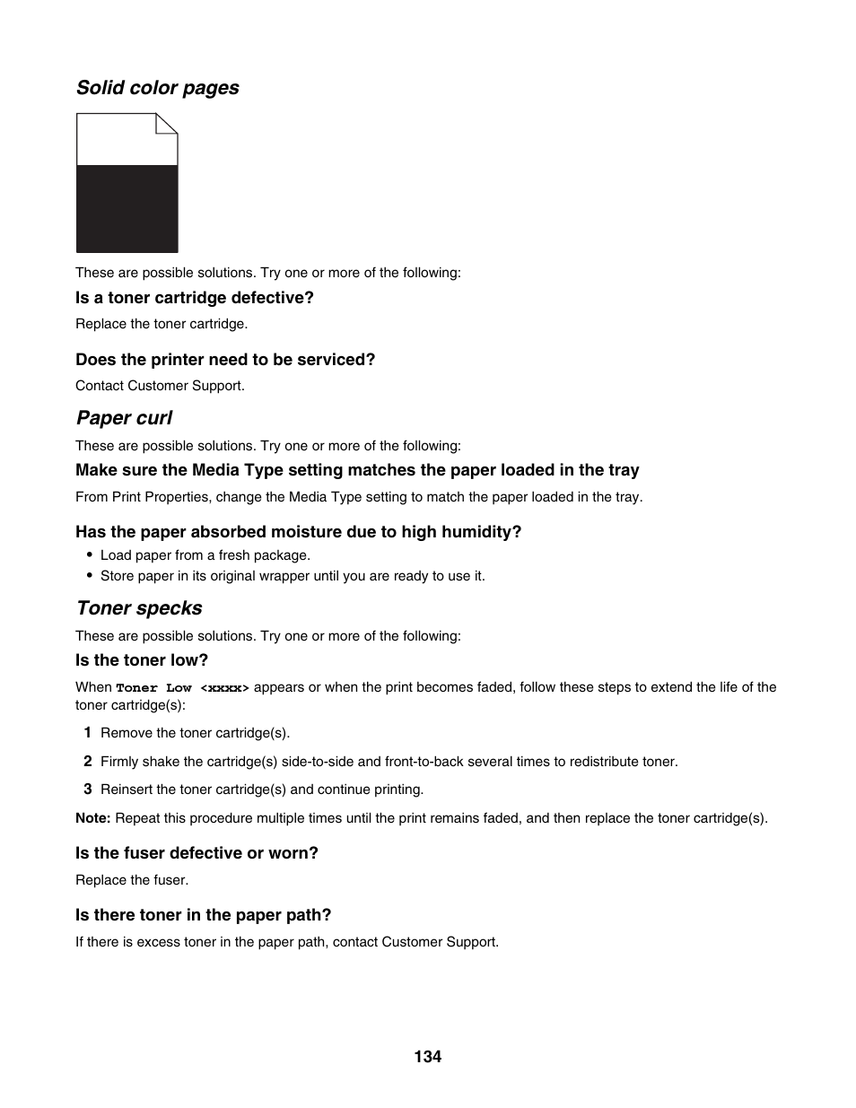 Paper curl, Toner specks, Solid color pages | Lexmark X500N User Manual | Page 134 / 150