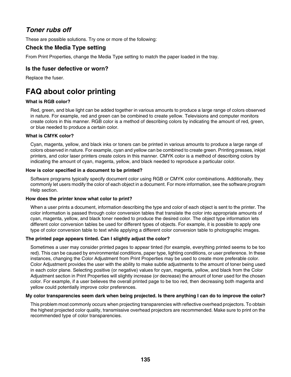 Toner rubs off, Faq about color printing | Lexmark X500N User Manual | Page 135 / 150