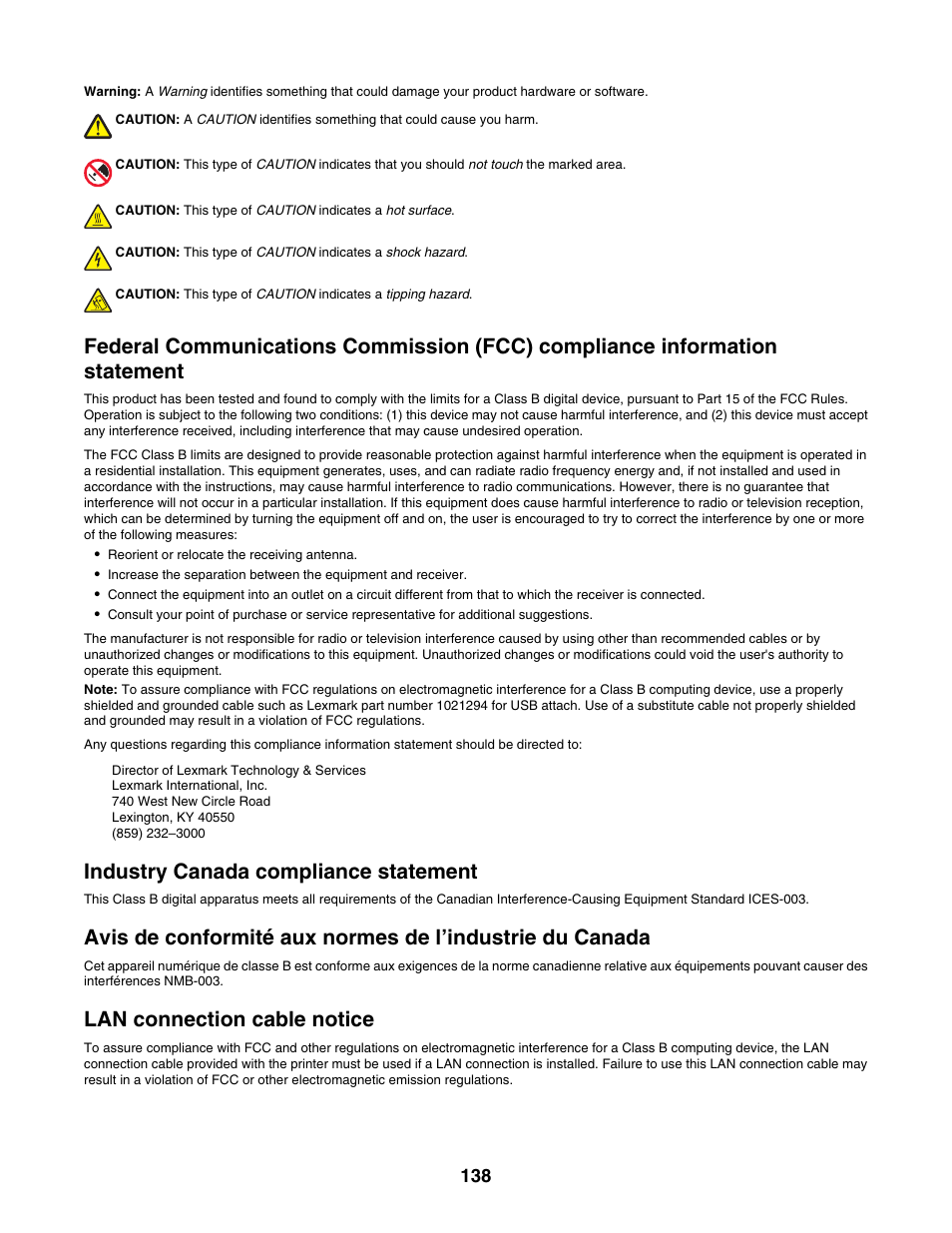 Lan connection cable notice, Industry canada compliance statement | Lexmark X500N User Manual | Page 138 / 150
