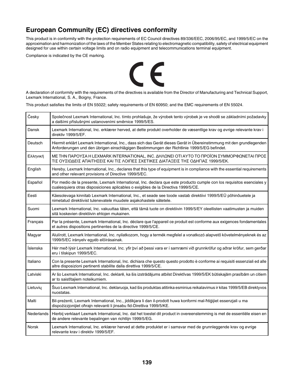 European community (ec) directives conformity | Lexmark X500N User Manual | Page 139 / 150