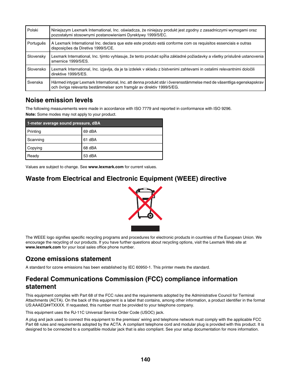 Noise emission levels, Ozone emissions statement | Lexmark X500N User Manual | Page 140 / 150