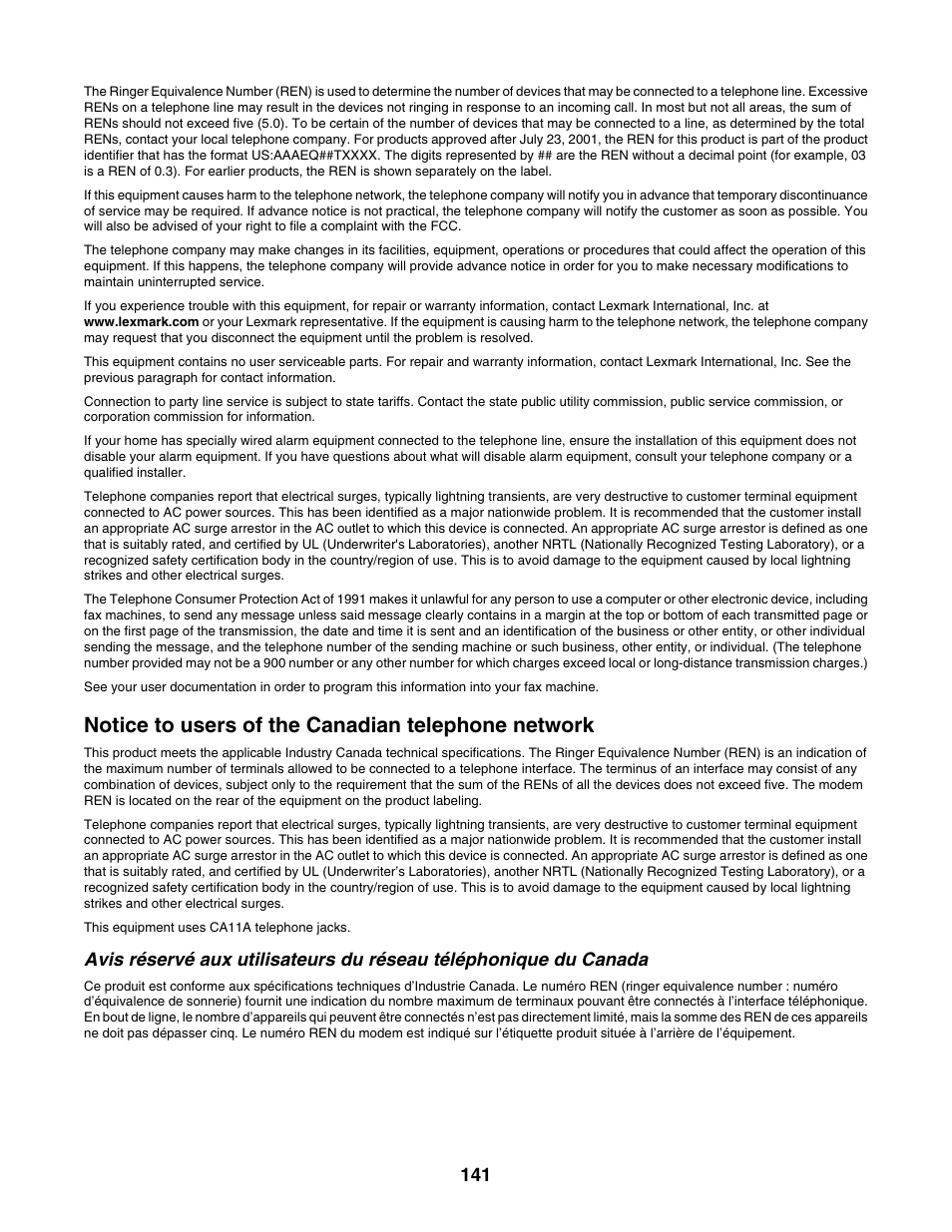 Notice to users of the canadian telephone network | Lexmark X500N User Manual | Page 141 / 150