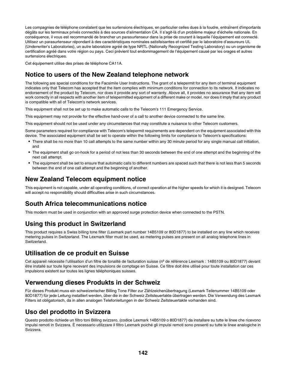 New zealand telecom equipment notice, South africa telecommunications notice, Using this product in switzerland | Utilisation de ce produit en suisse, Verwendung dieses produkts in der schweiz, Uso del prodotto in svizzera | Lexmark X500N User Manual | Page 142 / 150