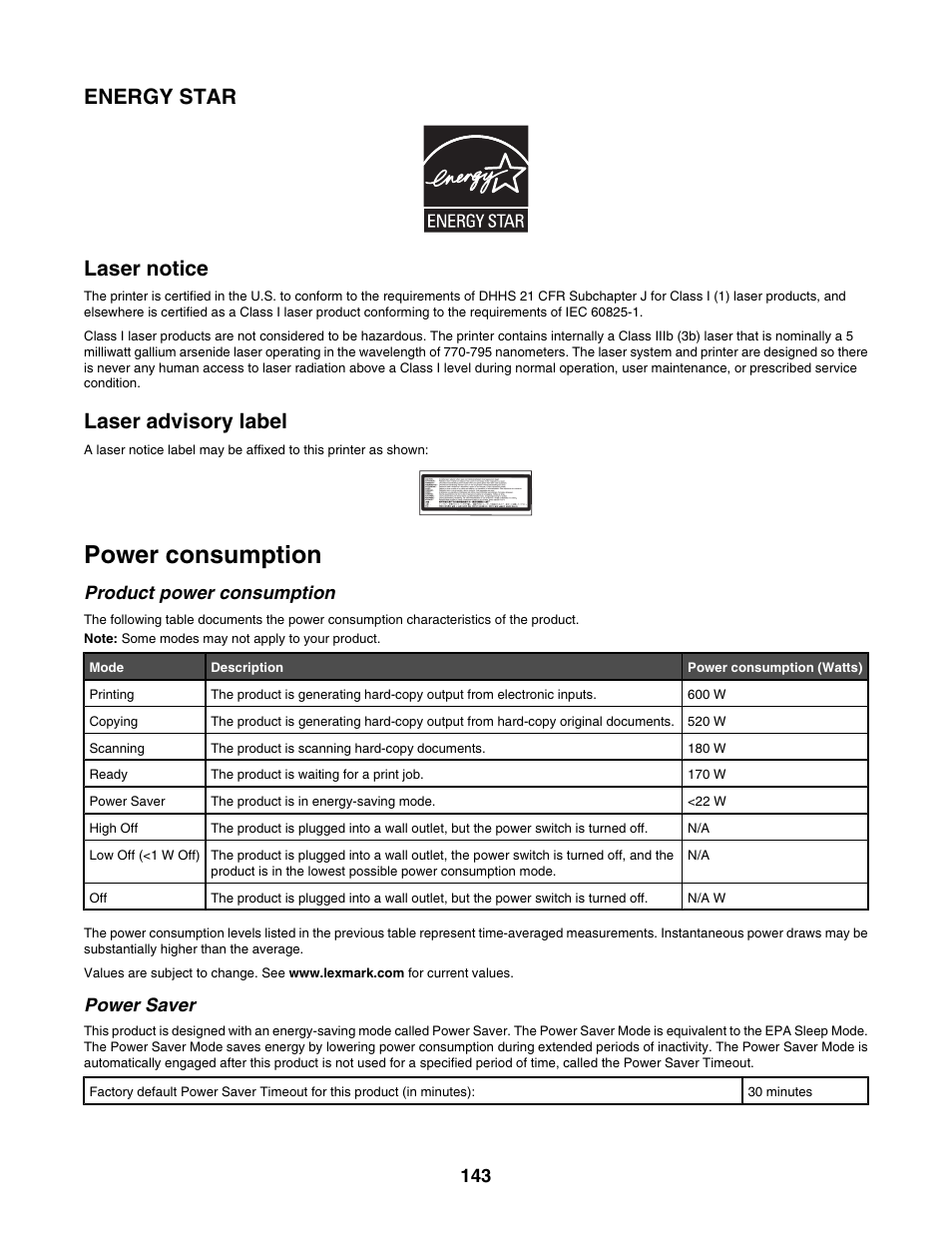 Energy star, Laser notice, Laser advisory label | Power consumption, Product power consumption, Power saver, Energy star laser notice | Lexmark X500N User Manual | Page 143 / 150