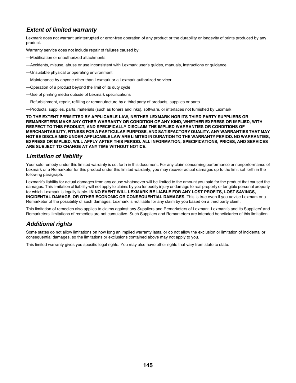 Extent of limited warranty, Limitation of liability, Additional rights | Lexmark X500N User Manual | Page 145 / 150