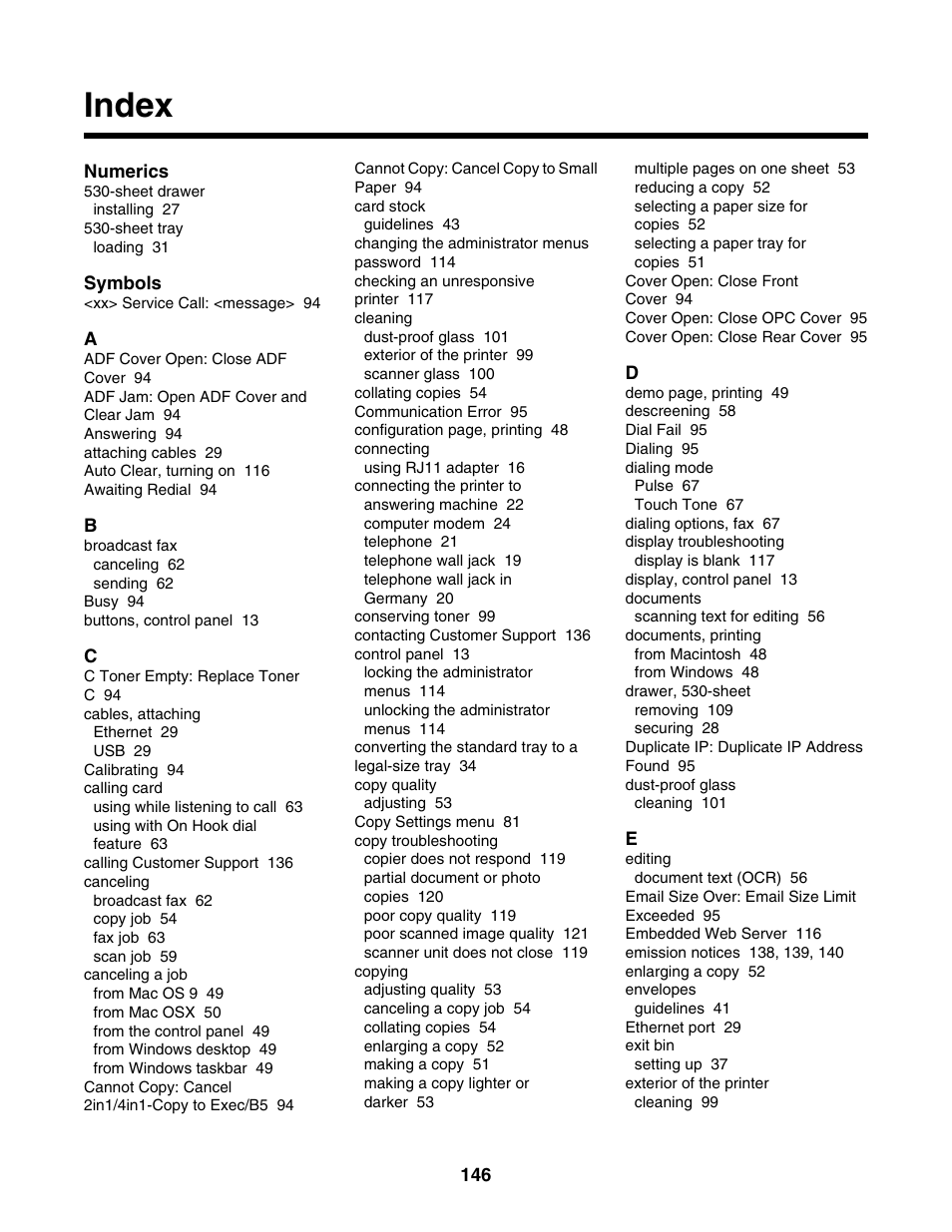 Index | Lexmark X500N User Manual | Page 146 / 150