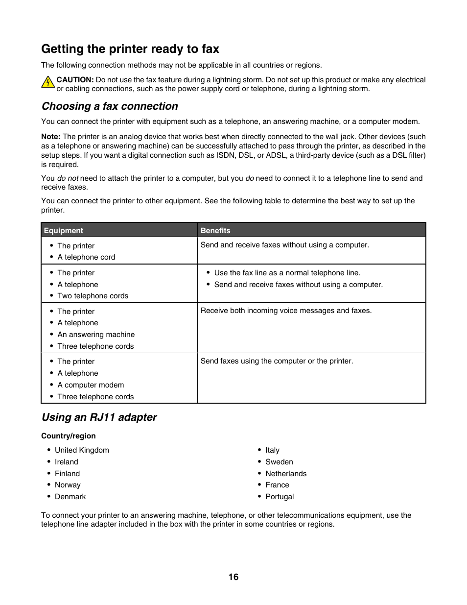 Getting the printer ready to fax, Choosing a fax connection, Using an rj11 adapter | Lexmark X500N User Manual | Page 16 / 150