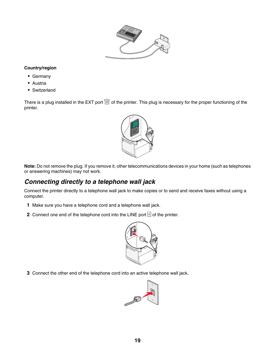Connecting directly to a telephone wall jack | Lexmark X500N User Manual | Page 19 / 150