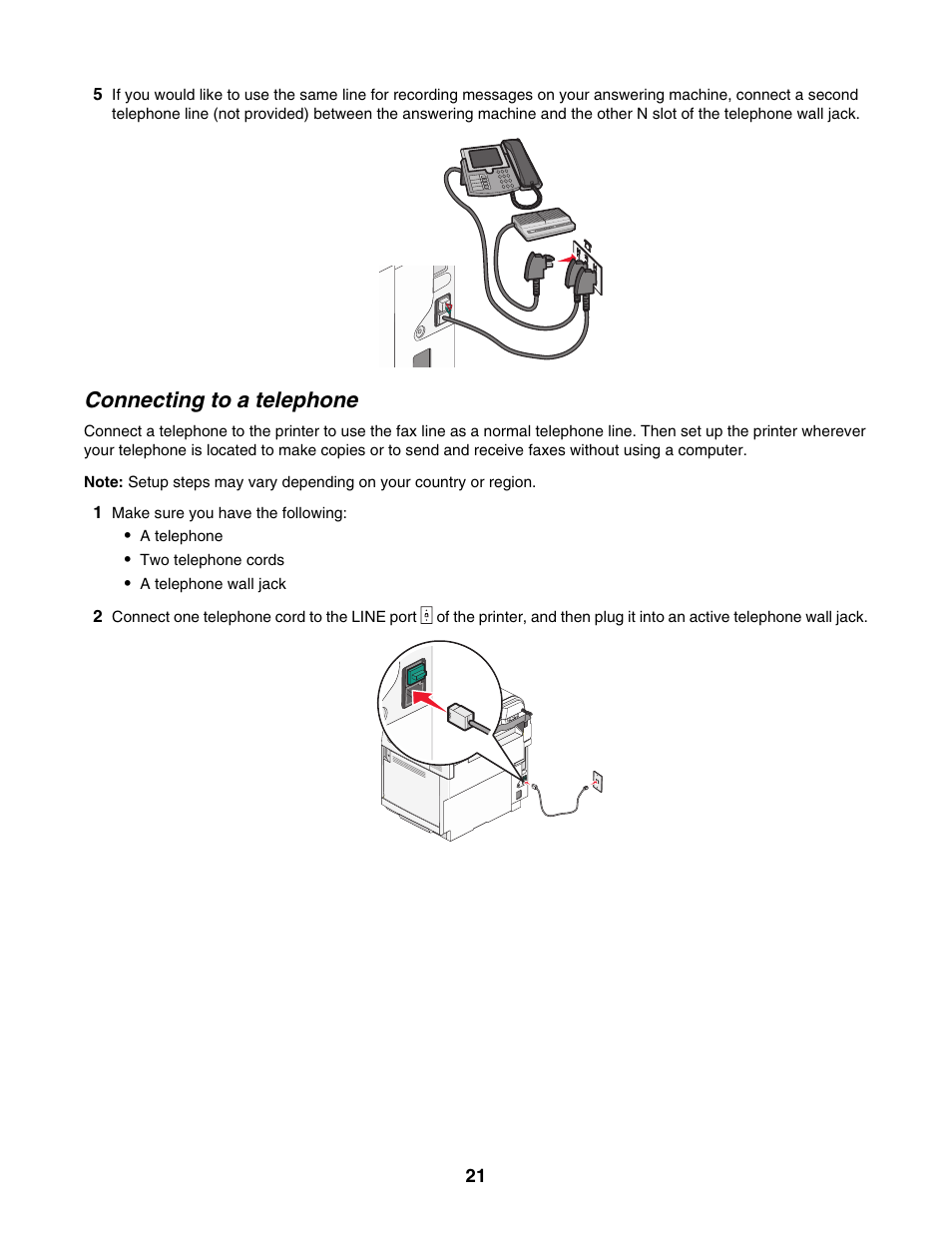 Connecting to a telephone | Lexmark X500N User Manual | Page 21 / 150