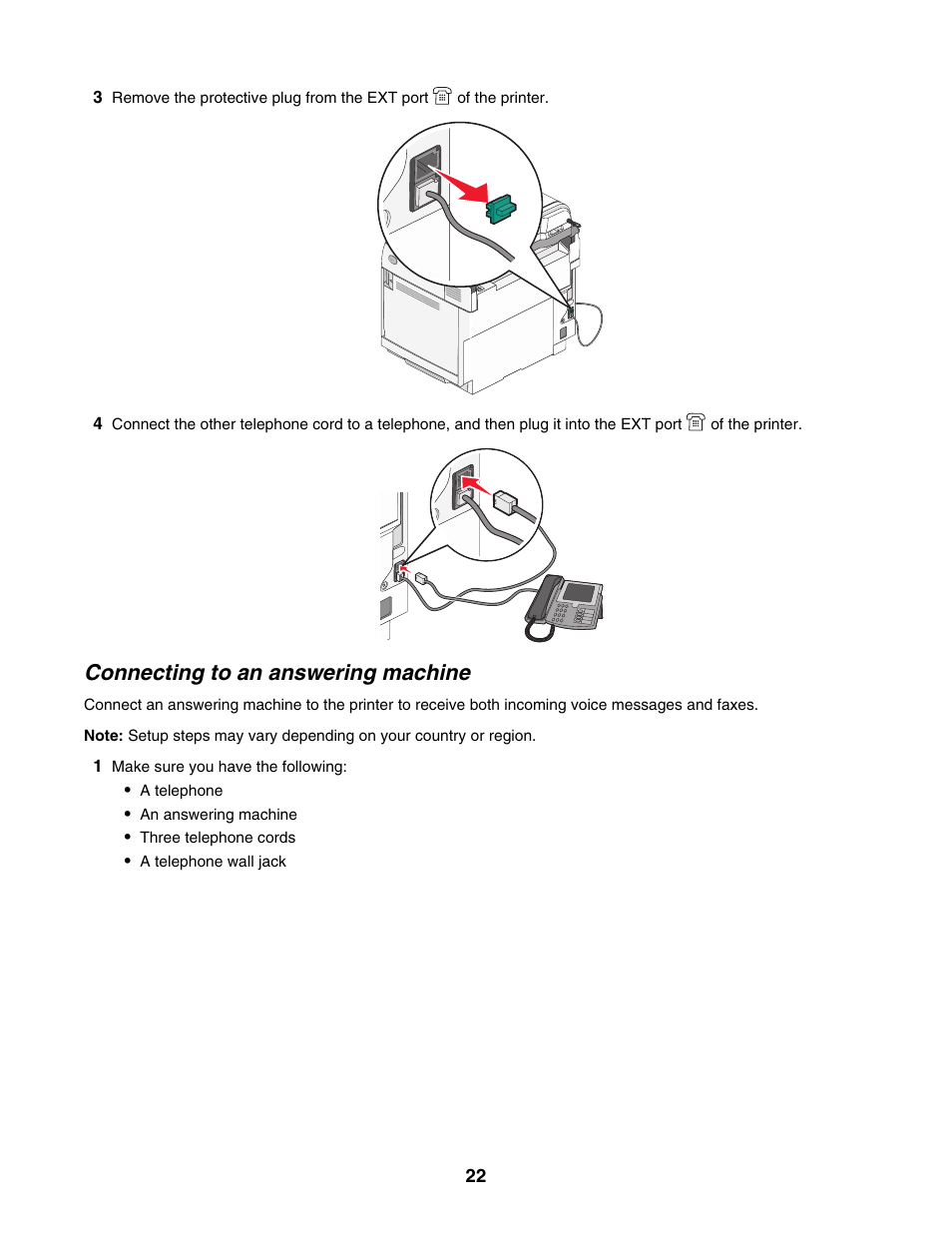 Connecting to an answering machine | Lexmark X500N User Manual | Page 22 / 150
