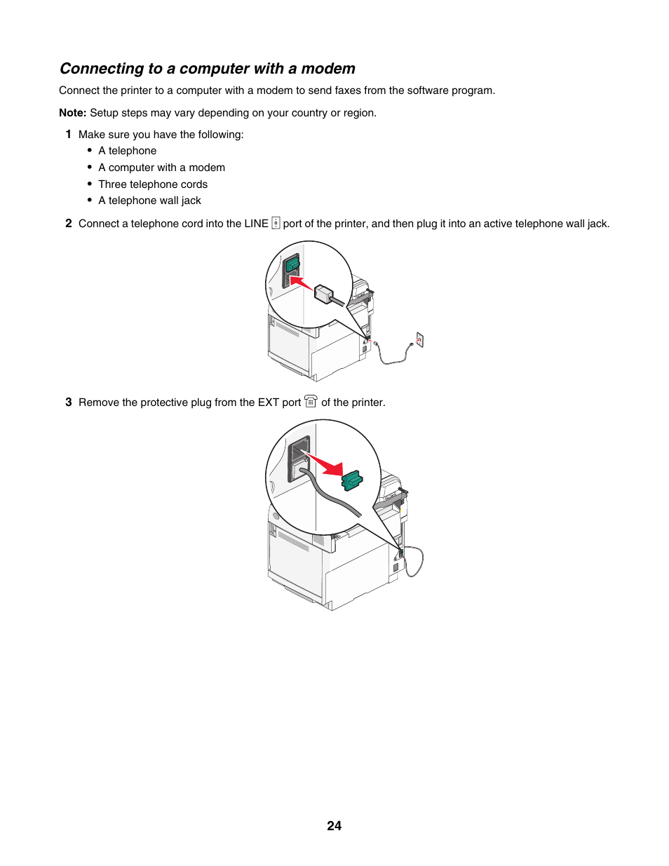 Connecting to a computer with a modem | Lexmark X500N User Manual | Page 24 / 150