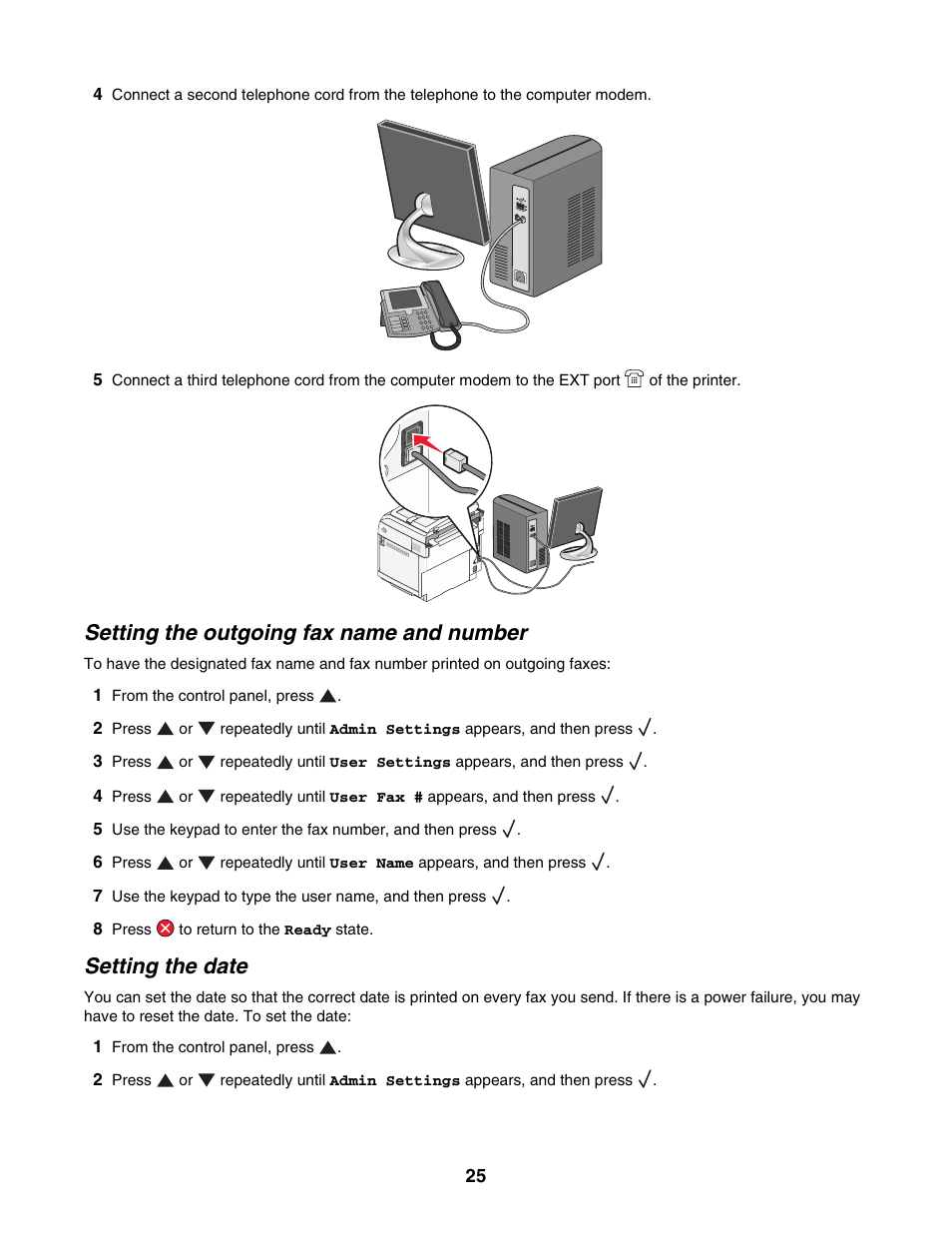 Setting the outgoing fax name and number, Setting the date | Lexmark X500N User Manual | Page 25 / 150