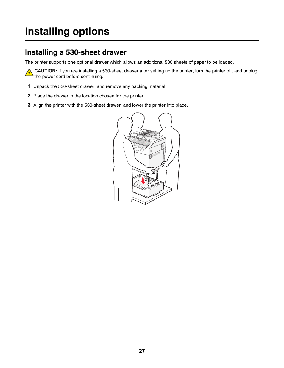 Installing options, Installing a 530-sheet drawer | Lexmark X500N User Manual | Page 27 / 150